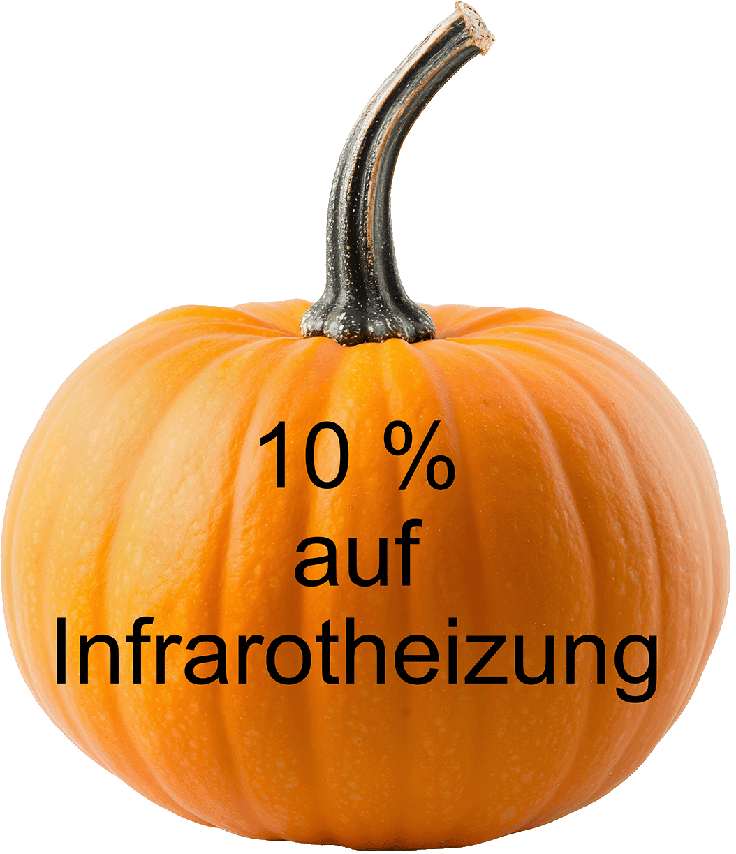 Kürbis in Orange mit schwarzem Stiel, Text "10 % auf Infrarotheizung" in Schwarz.