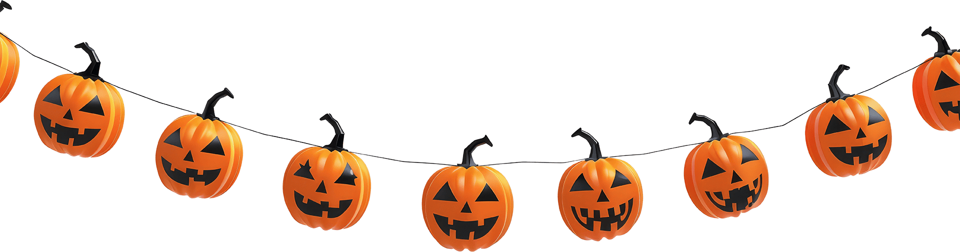 Girlande mit lächelnden orangefarbenen Kürbissen mit schwarzen Gesichtern, Halloween-Dekoration.