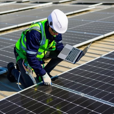 Techniker überprüft Photovoltaikanlage mit Laptop