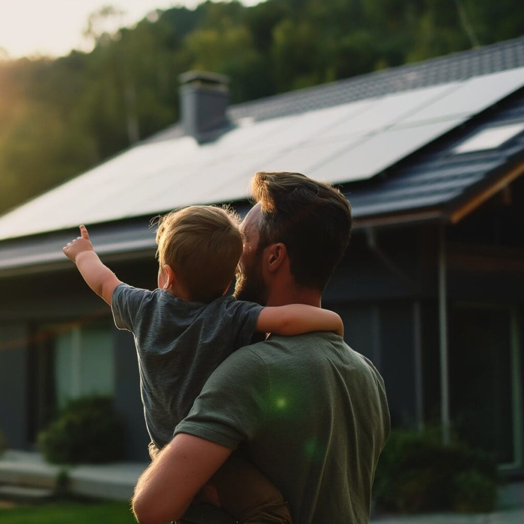 Vater trägt Sohn und zeigt auf Solarpanel auf Dach in Recklinghausen